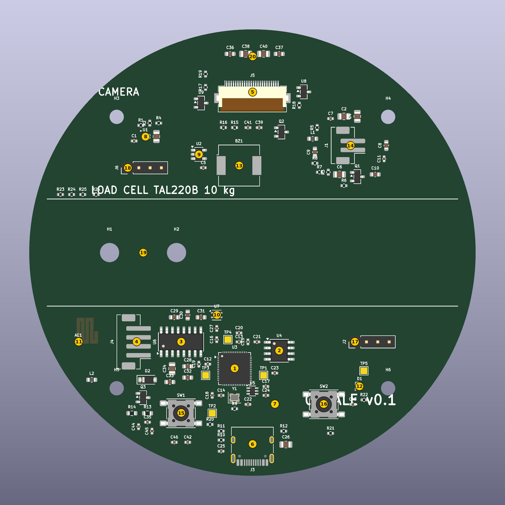 Annotated top view of the 0Scale board with numbered callouts